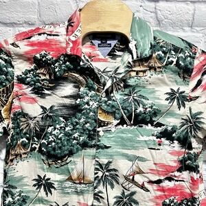 Tommy Hilfiger Men Hawaiian Shirt Custom Fit‎ Palm Trees Tiki Huts Canoes Large